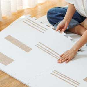 Minimalist Baby Play Mat: Cream & Gold EVA Foam, 5.5x5.5 ft