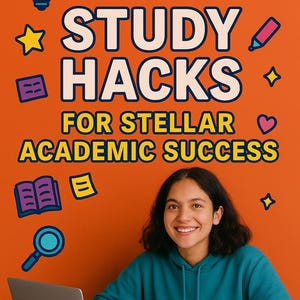Op de afbeelding: Oranje afbeelding met de tekst "101 Study Hacks for Stellar Academic Success" en illustraties van een gloeilamp, koptelefoon en een ster. Een persoon glimlacht en schrijft in een notitieboek met een laptop in de buurt.