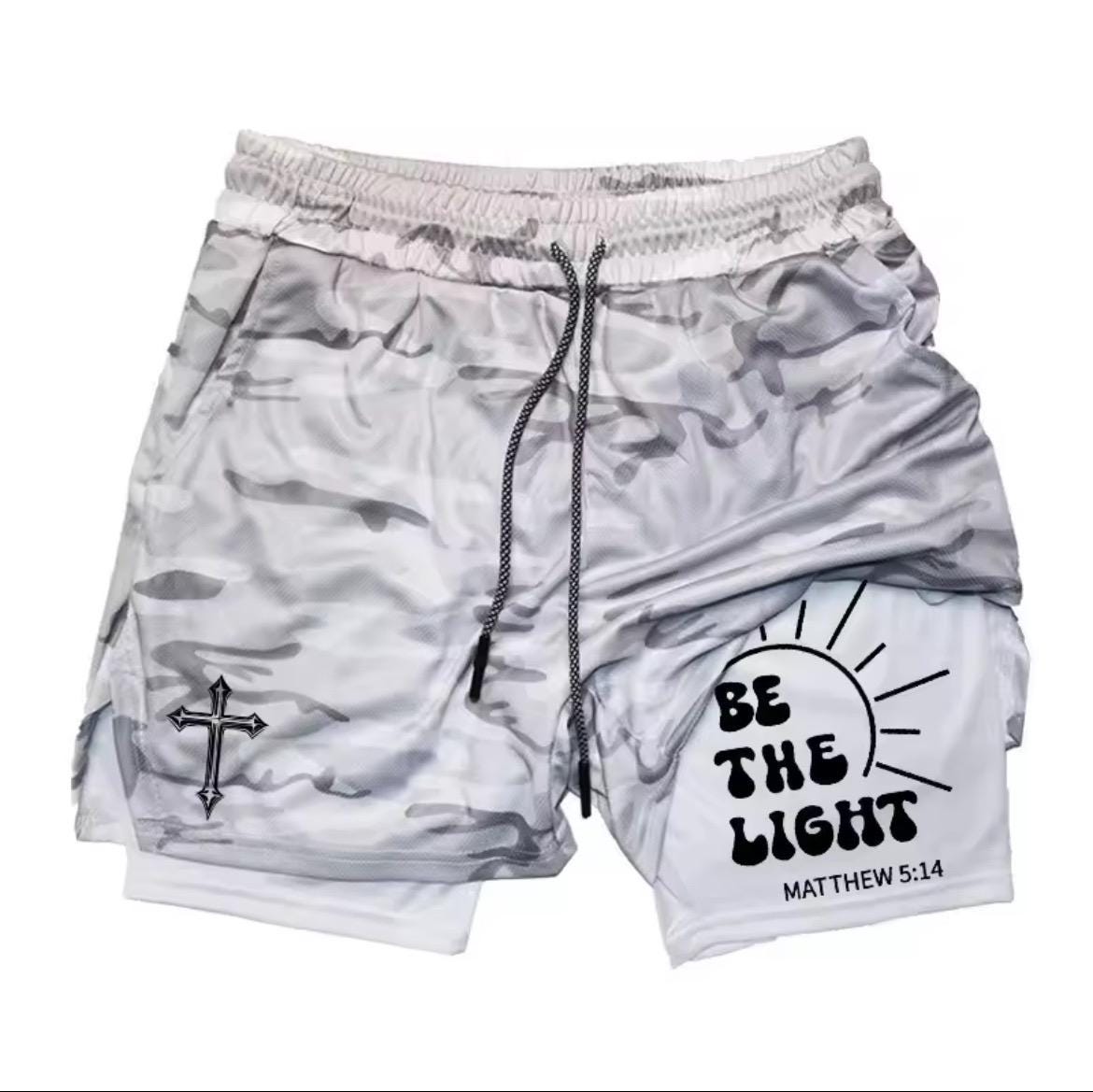 Cross Be The Light Print 2 in 1 Workout Running Shorts for Men Christian Gym Athletic Shorts with Compression Liner Phone Pocket Towel Loop