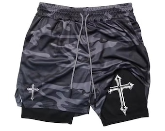 Pantalones cortos deportivos 2 en 1 con estampado cruzado para hombre, con forro de compresión, bolsillo para teléfono y presilla para toalla.