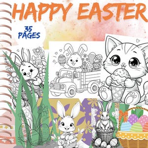 Happy Easter Coloring Pages | Printable PDF with Cute Bunnies Eggs and Spring Scenes | Kids and Adults Digital Coloring Book