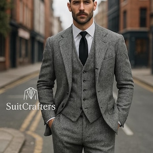 Men&#39;s Gray Tweed Suit: Wool Herringbone 3-Piece Wedding Suit