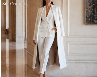 Ivory White Womens Suit Set, Long Coat Blazer Suit, Formal Bridal Pantsuit