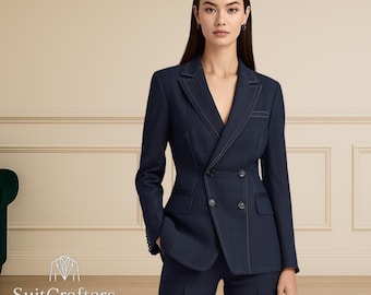 Navy Blue Denim Suit: Women's Tailored Blazer & Pants