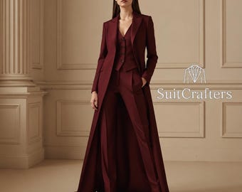 Maroon Women's Suit Set: Long Coat Tuxedo, Custom Tailored