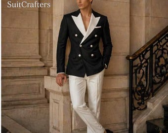 Mens Black White Tuxedo Suit, Double Breasted Blazer Suit, Formal Wedding Suits Men