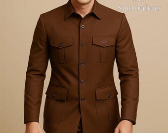 Men’s Modern Safari Jacket & Pants — Grey Slim-Fit 2-Piece Suit