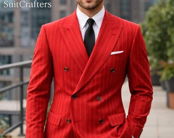 Traje cruzado de raya diplomática roja para hombre, atuendo formal para novio de boda.