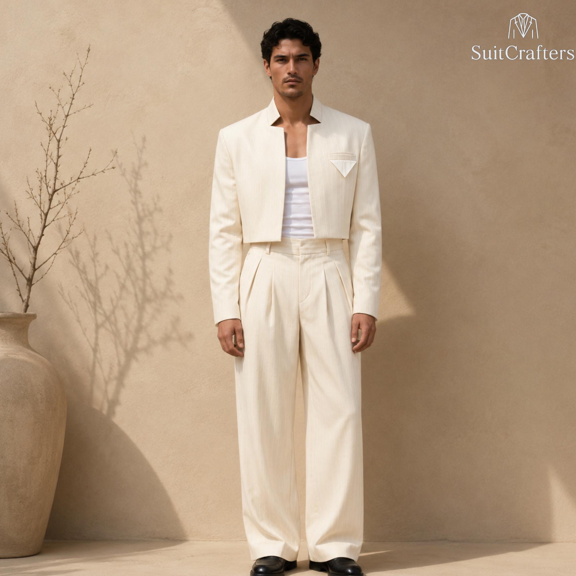 Ivory Cropped Suit Men, Modern Wedding Groom Outfit, Mandarin Collar Wool Blend