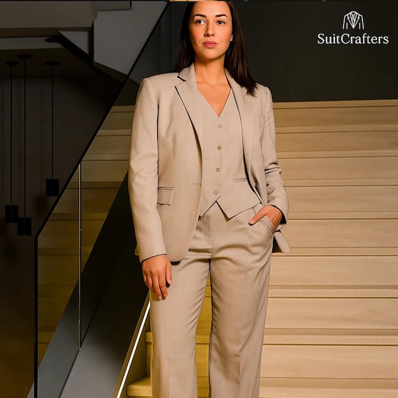 Beige Rayon Blend Women’s Pantsuit Set – Tailored Blazer & Wide-Leg Trousers