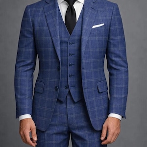 Traje de tres piezas de mezcla de lana a cuadros azules: traje de novio a medida