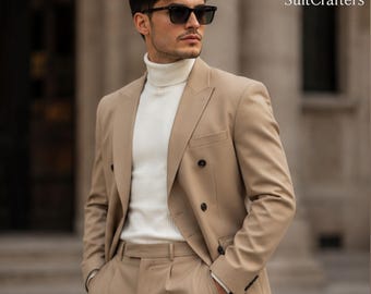 Men's Beige Double Breasted Suit | Custom Tailored Wedding Suit for Men | Modern Groom Suit | Prom Suit