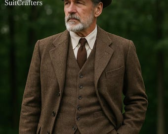 Men's 1930s Style Brown Wool Tweed Suit: Vintage Three-Piece Winter Attire
