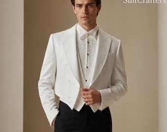 White Tuxedo Wedding Suit for Men – Luxury Cropped Tailcoat 3 Piece Formal Suit