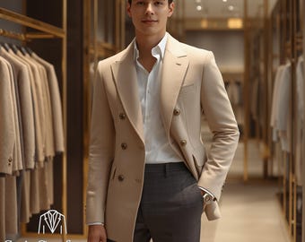 Blazer cruzado beige de lujo: traje de boda a medida para hombre