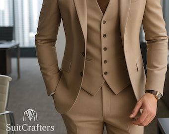 Tailored Tan 3-Piece Men's Suit: Slim Fit Wedding Groom Tuxedo