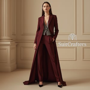 Maroon Women&#39;s Suit Set: Long Coat Tuxedo, Custom Tailored