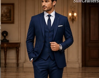 Men’s Navy Blue 3 Piece Suit |Wedding Suit | Elegant Formal Blazer Waistcoat Trousers