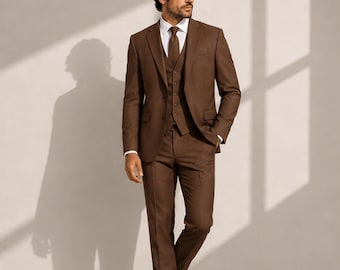 Brown Men's 3 Piece Suit, Wool Blend Wedding Suit, Custom Tailored Groom Suits