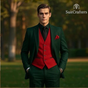 May include: A dark green suit with a red vest, black tie, and pocket square. The suit is tailored and worn by a person. The text "SuitCrafters" is in the upper right corner.