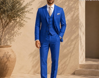 Royal Blue Linen 3 Piece Suit for Men, Custom Tailored Wedding Suit, Summer Suits
