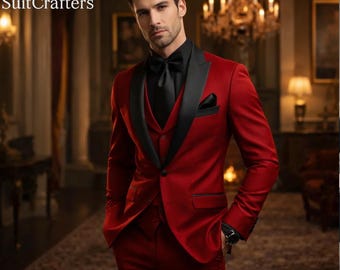 Red Tuxedo  Men, 3 Piece Wedding tuxedo, Black Lapel Formal wear, Groom Suit