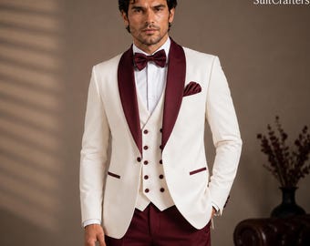 Ivory Burgundy Tuxedo for Men, 3 Piece Suit, Shawl Lapel, Fully Lined, Custom Wedding Suit
