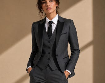 Traje de tres piezas gris oscuro para mujer con solapa negra / Conjunto de pantalón y chaqueta a medida / Traje de negocios