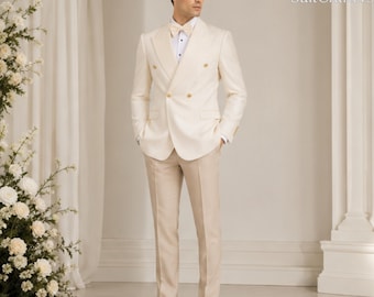 Men's Ivory Wedding Suit | Beige Pants Groom Tuxedo | Groom Attire | Formal Reception Suits