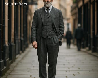 Custom Charcoal Wool tweed Suit | Handmade 3-Piece Vintage Style