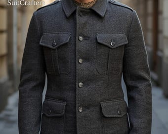 1920s Wool Tweed Safari Jacket – Handmade Charcoal Grey Coat