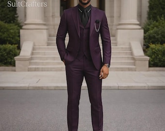 Men's 3-Piece Purple Suit: Slim Fit Wedding Tuxedo