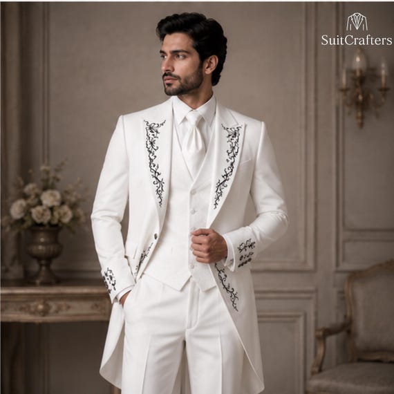 White Gothic Victorian Groom Suit Men, Vintage Tailcoat Wedding Tuxedo Steampunk GroomWear
