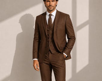 Brown Men's 3 Piece Suit, Wool Blend Wedding Suit, Custom Tailored Groom Suits