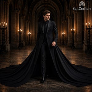May include: A black suit featuring a long, floor-length coat with a dramatic train, a matching black shirt, and a black tie. The garment includes the text SuitCrafters in the upper right corner. The design is formal, structured, and monochromatic.