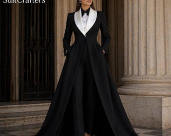 Traje de frac negro para mujer, traje formal con solapa de seda blanca, trajes de novia de alta costura