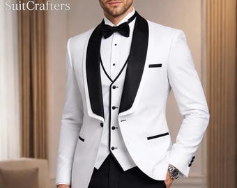 Esmoquin blanco para hombre, traje de novio para boda, trajes blancos formales, esmoquin con solapa negra.