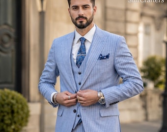 Blue Pinstripe 3 Piece Suit for Men, Wedding Suit, Mens Business Suit, Groom Attire