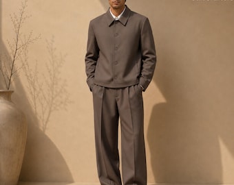Taupe Brown Men's 2 Piece Suit, Wide Leg Dress Pants, Custom Tailored Wedding Suits