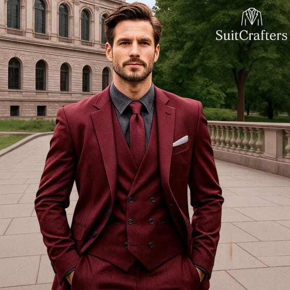 バーガンディスリムフィット3ピーススーツ：ワインレッドタキシード
