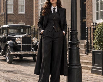 Peaky Blinders Black  Pinstripe 3 Piece Suit, Women’s Long Coat and Wide Leg Pants