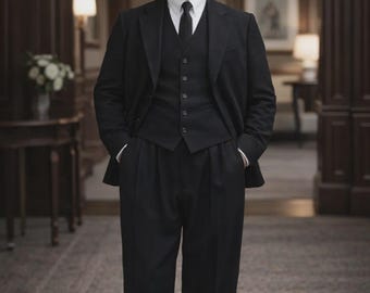 Men's Vintage Black Wool 3 Piece Suit | Tailored Winter Formal