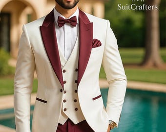 Ivory & Maroon Handmade Men's Suit | Custom Wedding Tuxedo