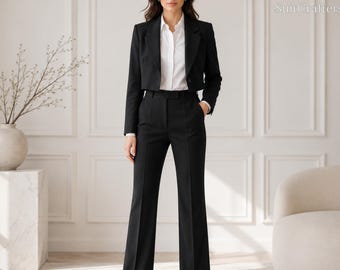 Women's Black Cropped Blazer Suit Set, High Waist Trousers, Modern Business Suits