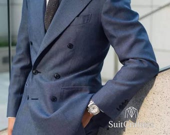 Terno azul trespassado masculino | Corte slim formal de 2 peças sob medida