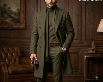 Olive Green Tweed Wool Overcoat Men, Custom Long Coat, Vintage Winter Coat