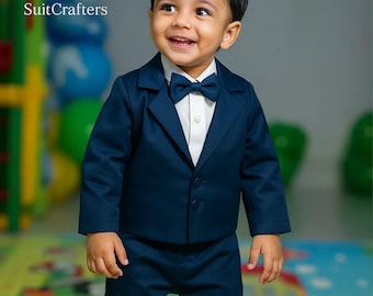 男の子用ネイビーフォーマルスーツ | 幼児用3ピース | ウェディングリングベアラースーツ | 誕生日＆パーティードレス