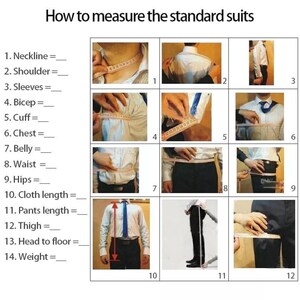 May include: An instructional chart titled How to measure the standard suits, featuring a numbered list from 1 to 14 and twelve photographic panels demonstrating measurement techniques for neck, shoulder, sleeves, bicep, cuff, chest, belly, waist, hips, cloth length, pants length, thigh, head to floor, and weight.