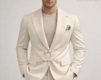 Ivory Toggle Closure Suit for Men – Modern Formal Wedding Suit – Custom Tailored Groom Outfit