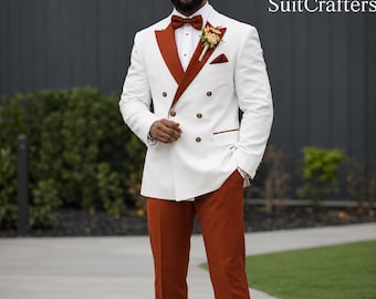 Traje de boda cruzado color marfil naranja quemado: traje formal a medida para el novio